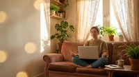 Young woman working on laptop computer sitting on comfortable orange sofa in cozy living room with houseplants and warm natural lighting from window.