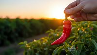Hand holding fresh red chili pepper at sunset in agricultural field. Organic farming, spicy vegetable harvest, healthy food production concept.