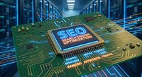 Advanced SEO optimization microchip with circuit board patterns in modern data center server room environment for digital marketing technology solutions.