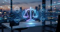 Digital justice scales hologram with compliance network icons floating above modern office desk in corporate law firm environment at dusk.