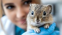 Young female veterinarian in blue medical gloves gently holding small brown rodent during examination. Professional animal care and wildlife rehabilitation concept.