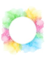 Watercolor rainbow frame with white circle space for text, featuring vibrant splashes in green, yellow, pink and blue with delicate floral elements.