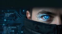 Futuristic cyberpunk hacker with glowing blue digital eye enhancement and circuit board technology overlay on dark background for sci-fi concepts.