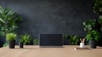 Modern minimalist workspace with laptop on wooden desk against dark wall, decorated with small potted plants and office supplies for remote work setup.