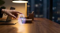 Hand holding smartphone with digital security shield icon glowing above screen on wooden desk with warm lamp lighting and city night view background.