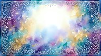 Watercolor gradient background with ornamental frame border, featuring soft blending of purple, blue, yellow, and teal hues with sparkle effects, suitable for invitations, presentations, and design projects.