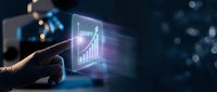 Businessman finger touching holographic growth chart with upward arrow showing business success and financial progress in futuristic digital interface.