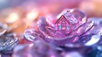 Crystal house miniature nestled in pink and purple water drops, creating magical macro photography effect with soft bokeh background and dreamy reflections.