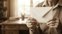 Senior man with weathered hands holding blank envelope in warm home office setting with natural window light, suitable for mail, correspondence, communication, business, and retirement concepts.