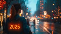Young Asian woman looking at rainy city street with glowing 2026 number on her back, neon lights and bokeh effects create futuristic urban atmosphere.