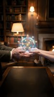 Two hands holding glowing digital sphere with network connections in cozy library setting with warm lighting and bookshelves for technology concepts.