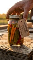 Farmer's hand holding mason jar of homemade pickled vegetables with garden harvest label, rustic wooden surface, golden hour sunlight, farm-to-table food preservation and local agriculture.