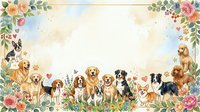 Watercolor dogs and floral border frame with copy space, featuring various breeds among roses and greenery for pet cards and invitations.