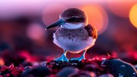 Spotted sandpiper chick standing on mossy rock at sunset with vibrant bokeh background and pink-orange lighting creating dreamy nature atmosphere.