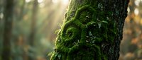 Vibrant green moss growing on tree bark in sunlit forest creating natural texture and organic pattern for environmental and nature themes.