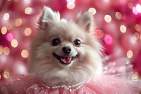 Smiling Pomeranian dog with fluffy white fur against pink bokeh background with glowing lights and decorative elements. Festive holiday pet portrait.