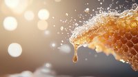 Fresh honeycomb with golden drop of honey dripping, surrounded by glowing bokeh lights and tiny water splashes on dark background, macro photography.