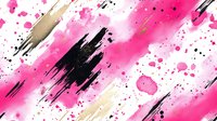 Vibrant pink and gold abstract watercolor background with black brush strokes and paint splatters. Modern artistic texture for graphic design projects.