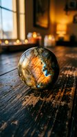 Labradorite crystal sphere on rustic wooden table with warm golden lighting and bokeh background creating mystical atmospheric mood for meditation and healing.