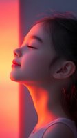 Young Asian woman in profile with closed eyes bathed in warm orange and pink neon lighting creating dramatic shadows and peaceful meditation mood.