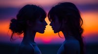 Two female silhouettes face to face against vibrant sunset sky with purple and orange gradient colors, romantic mood, dramatic lighting creates mysterious atmosphere.