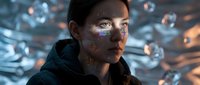 Young Asian woman with futuristic digital face paint and glowing elements in cyberpunk style lighting for sci-fi technology concepts.