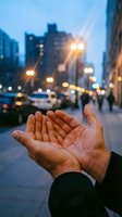 Cupped male hands open to the sky on a blurred city street at dusk, with glowing lights and urban buildings in the background.