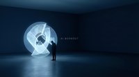 Professional man in business suit standing before glowing digital sphere displaying AI burnout concept in dark modern office environment for corporate wellness and technology stress themes.
