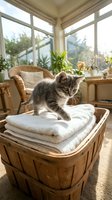 Tabby kitten standing on folded white towels in wooden basket inside bright sunroom with large windows, potted plants, and wicker furniture, suitable for pet care, home decor, and lifestyle content.