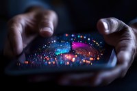 Glowing digital wave with colorful bokeh lights floating above smartphone screen held in hands, creating futuristic technology visualization in dark environment.