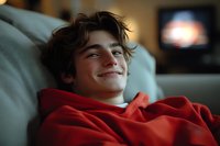Young caucasian male teen with messy brown hair smiling while relaxing on couch wrapped in bright red blanket, warm evening home atmosphere with TV in background.