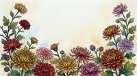 Autumn chrysanthemum flowers border frame with colorful blooms in burgundy, gold and purple tones on light background for seasonal greeting cards.