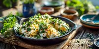 Creamy potato salad garnished with fresh dill and spices served in rustic ceramic bowl on wooden table with blurred dinnerware background.