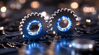 Glowing blue mechanical gears on circuit board with bokeh lights background, representing digital transformation and automated technology integration process.