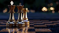 Chess pieces on dark board with bokeh lights in background, king and queen figures in golden evening light creating dramatic atmosphere for strategy concept.