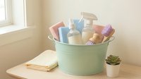 Mint green metal bucket filled with colorful bath and body care products including bottles and tubes for spa relaxation and self-care routine.