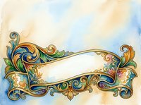 Watercolor ornate banner with golden scrollwork, floral motifs, and empty space for text, in blue, green, and gold tones on soft background.