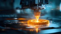 Metal gear manufacturing process with laser cutting technology, bright orange molten material and sparks against dark blue industrial background. Precision engineering.