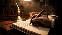Mature hand writing with fountain pen on open notebook at wooden desk under brass lamp in warm study room with books and coffee mug.