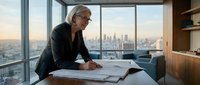Senior professional woman with gray hair and glasses reviewing architectural blueprints at modern high-rise office desk with city skyline view, suitable for business, architecture, and corporate design projects.