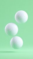 White golf balls floating on mint green background, creating minimalist sports composition with soft shadows and dimpled texture detail.