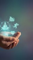 Hands holding glowing health and wellness icons including meditation, nutrition, fitness and heartbeat symbols representing holistic healthcare lifestyle.