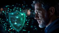 Mature Caucasian businessman looking at glowing digital shield hologram against dark background with bokeh lights, cybersecurity concept visualization.