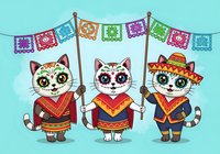 Festive cats in traditional Mexican attire holding decorative papel picado banners against turquoise background, perfect for Cinco de Mayo celebrations, holiday greeting cards, and cultural event designs.