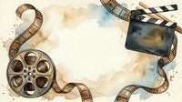 Vintage film reel with movie clapperboard and filmstrip on watercolor background. Suitable for cinema, entertainment, media production, and movie industry projects.
