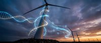 Futuristic DNA helix and molecular structures with wind turbines at sunset representing renewable energy and biotechnology innovation in sustainable development.