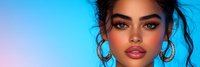 Young mixed-race woman with bold orange makeup and hoop earrings against vibrant blue pink gradient background for beauty fashion advertising campaigns.