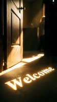 Warm golden light streams through an open wooden door, casting a glowing Welcome sign on the floor in a dark, moody interior.