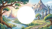 Fantasy landscape frame with mountains castle and winding river path for text overlay design projects and storytelling applications.