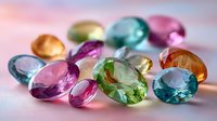 Colorful gemstones and crystals in various shapes and sizes on soft pink background, showcasing vibrant hues of pink, green, blue, and amber.